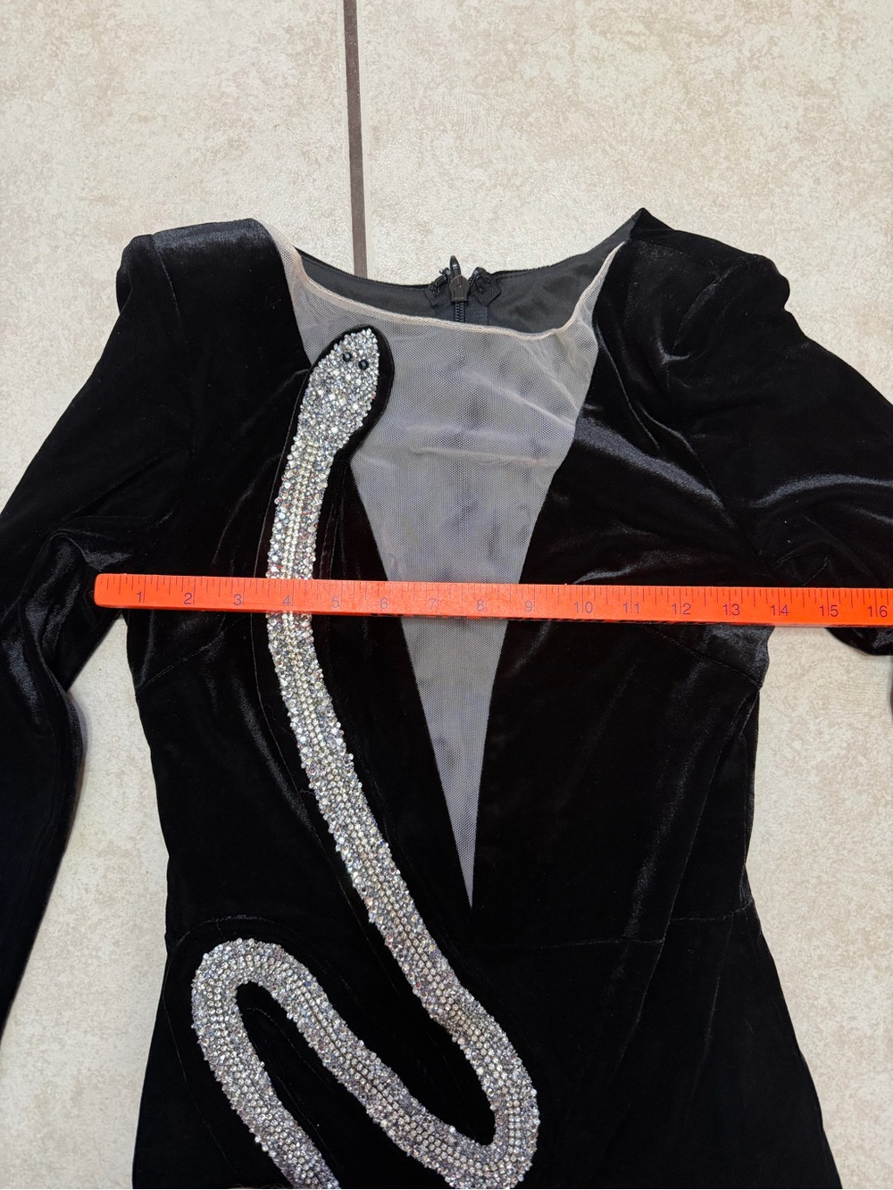 Black Velvet Rhinestone Swirl snake Illusion Plunge Mini Dress Size 4 - Picture 4 of 11